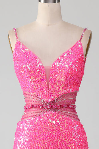 Hot Pink Spaghetti Straps Glitter Mermaid Prom Dress with Beading Waist