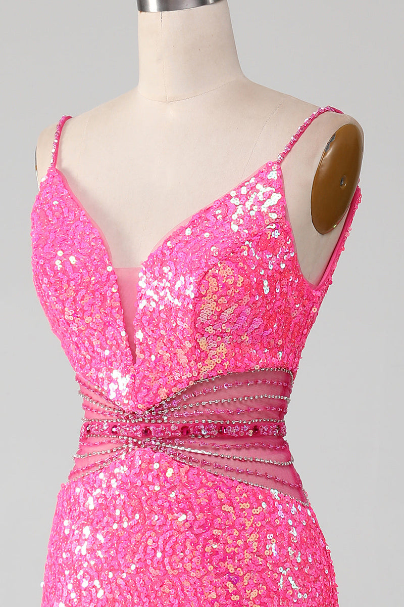 Load image into Gallery viewer, Hot Pink Spaghetti Straps Glitter Mermaid Prom Dress with Beading Waist