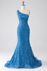 Load image into Gallery viewer, Blue Mermaid One Shoulder Sequins Long Prom Dress