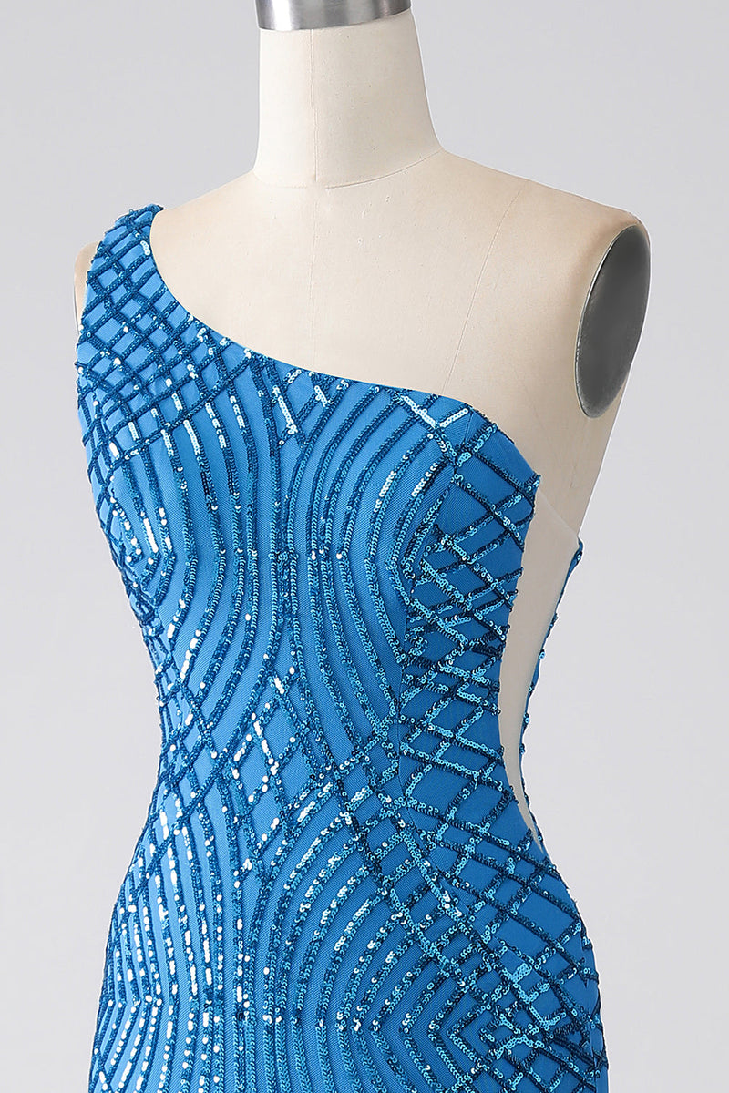 Load image into Gallery viewer, Blue Mermaid One Shoulder Sequins Long Prom Dress