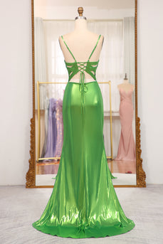 Bright Green Mermaid Spaghetti Straps Long Prom Dress With Slit