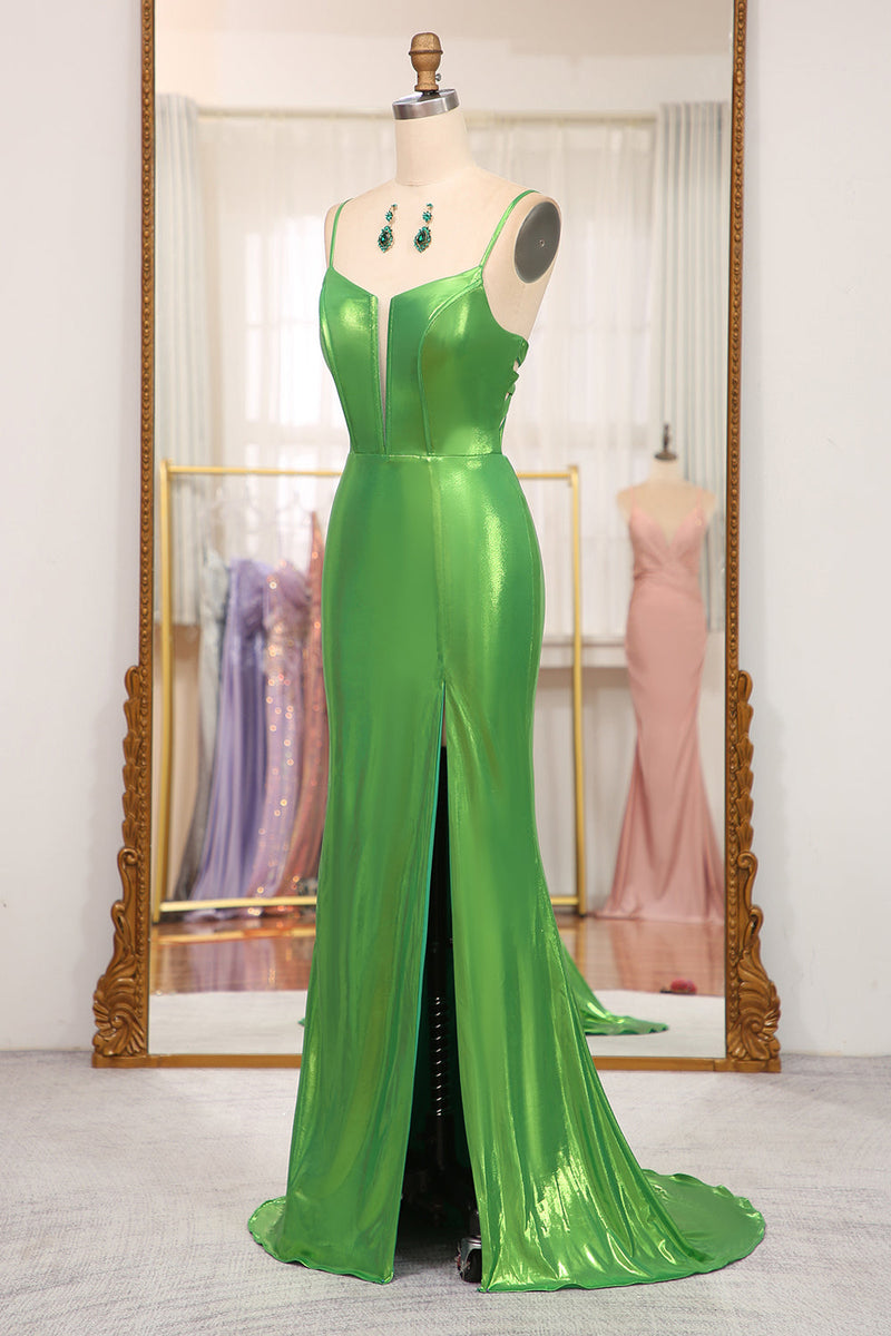 Load image into Gallery viewer, Bright Green Mermaid Spaghetti Straps Long Prom Dress With Slit