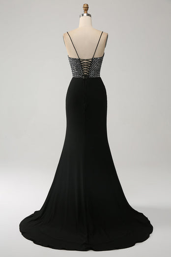 Mermaid Black Spaghetti Straps Long Corset Prom Dress with Slit