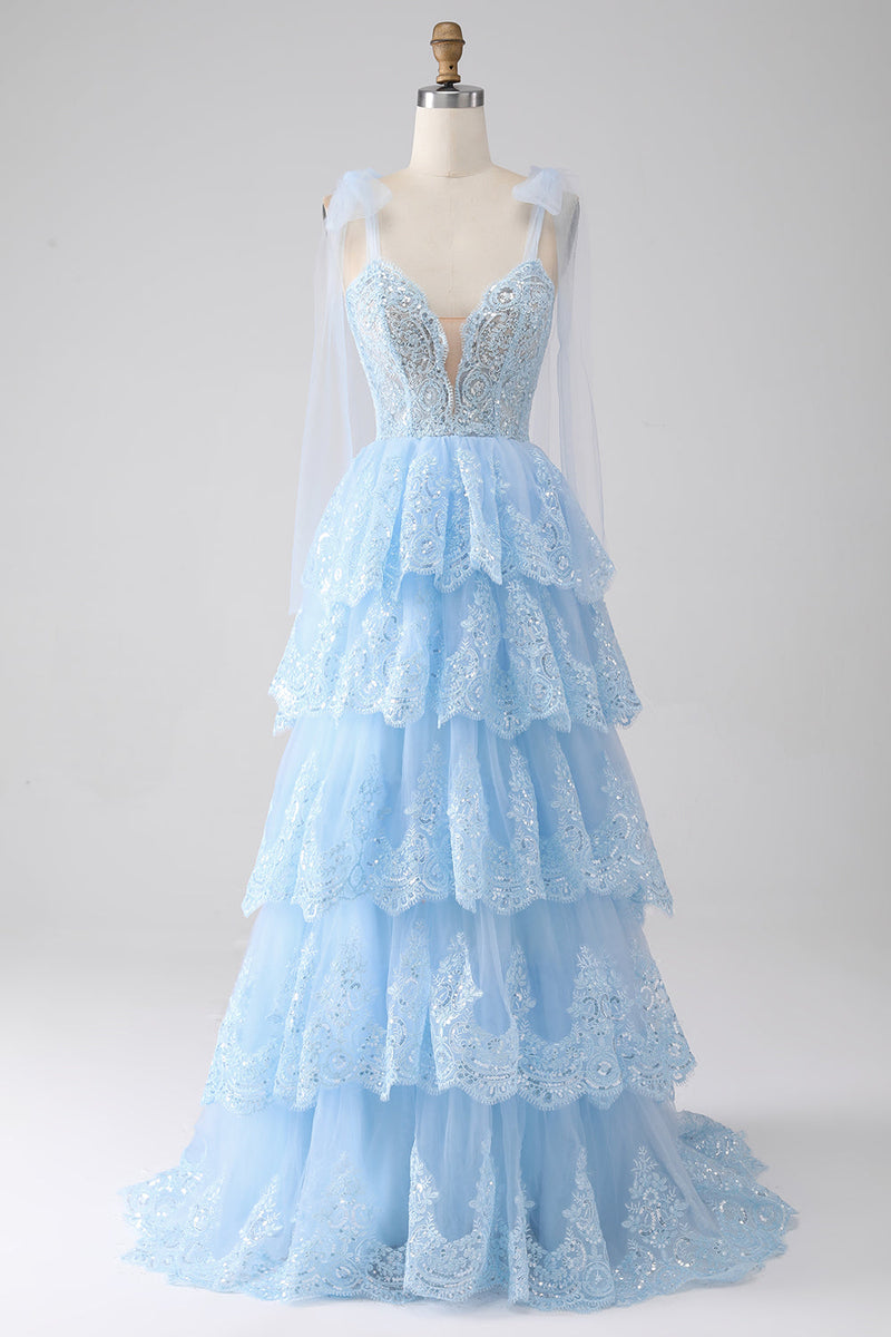 Load image into Gallery viewer, Light Blue Sweetheart Bow Tie Straps Tiered Tulle Sequin Prom Dress with Appliques