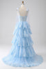 Load image into Gallery viewer, Light Blue Sweetheart Bow Tie Straps Tiered Tulle Sequin Prom Dress with Appliques