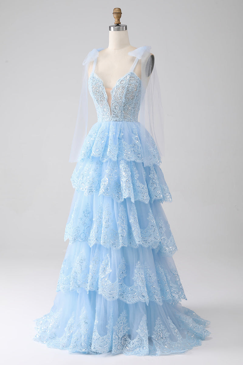 Load image into Gallery viewer, Light Blue Sweetheart Bow Tie Straps Tiered Tulle Sequin Prom Dress with Appliques