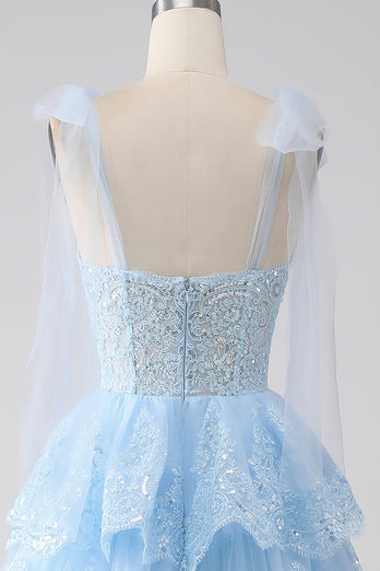 Light Blue Sweetheart Bow Tie Straps Tiered Tulle Sequin Prom Dress with Appliques