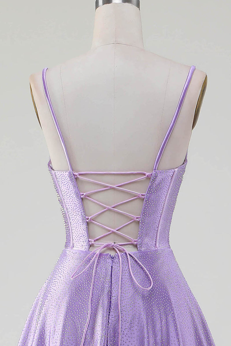 Load image into Gallery viewer, Simple Sparkly Lilac A-Line Side Slit Corset Prom Dresses with Rhinestones