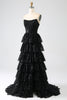 Load image into Gallery viewer, A-Line Sequins Black Tiered Prom Dress with Slit