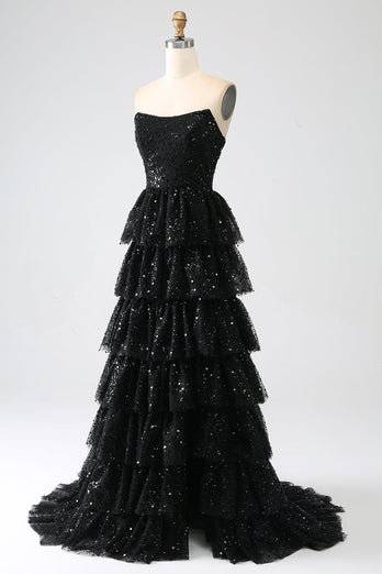 A-Line Sequins Black Tiered Prom Dress with Slit