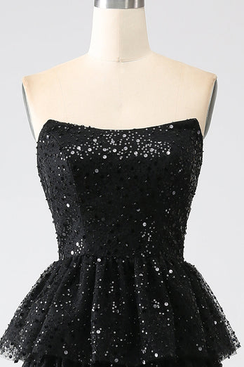 A-Line Sequins Black Tiered Prom Dress with Slit