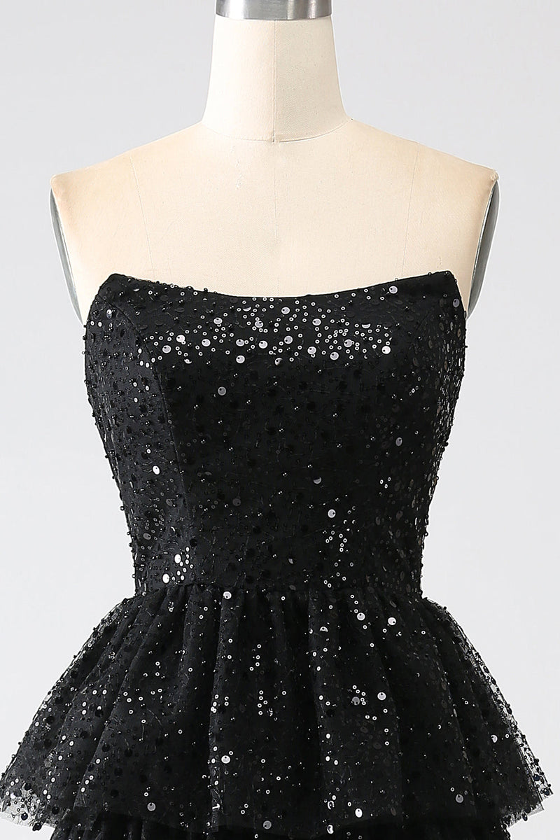 Load image into Gallery viewer, A-Line Sequins Black Tiered Prom Dress with Slit