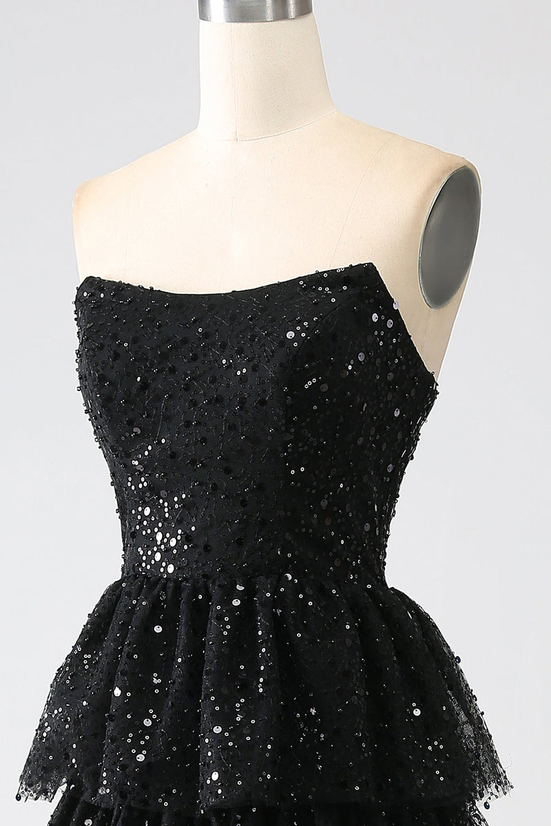 Load image into Gallery viewer, A-Line Sequins Black Tiered Prom Dress with Slit