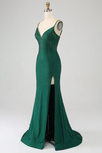 Sparkly Dark Green Beaded Long Mermaid Prom Dress with Slit