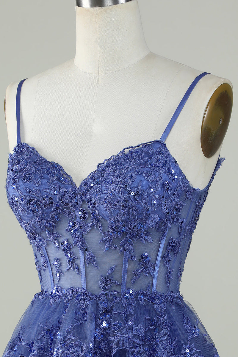 Load image into Gallery viewer, Spaghetti Straps Dark Blue Sparkly Corset Party Dress