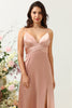 Load image into Gallery viewer, Blush Spaghetti Straps A Line Bridesmaid Dress With Slit