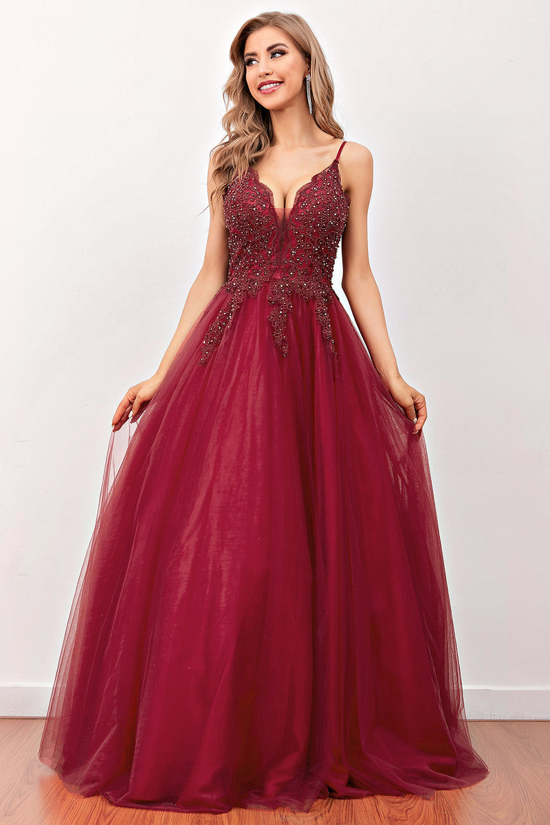 Load image into Gallery viewer, Burgundy Spaghetti Straps Long Prom Dress with Beading