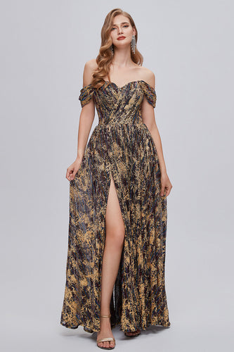 Glitter Brown Off the Shoulder Formal Dress with Slit