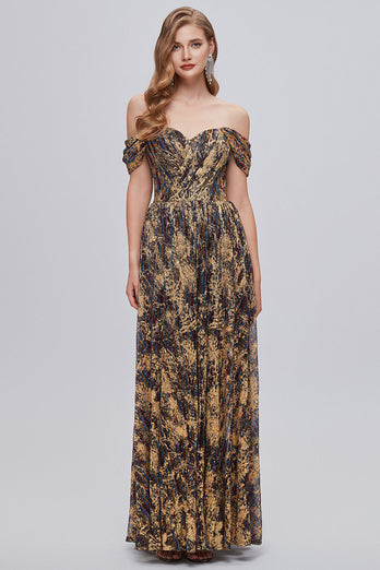 Glitter Brown Off the Shoulder Formal Dress with Slit