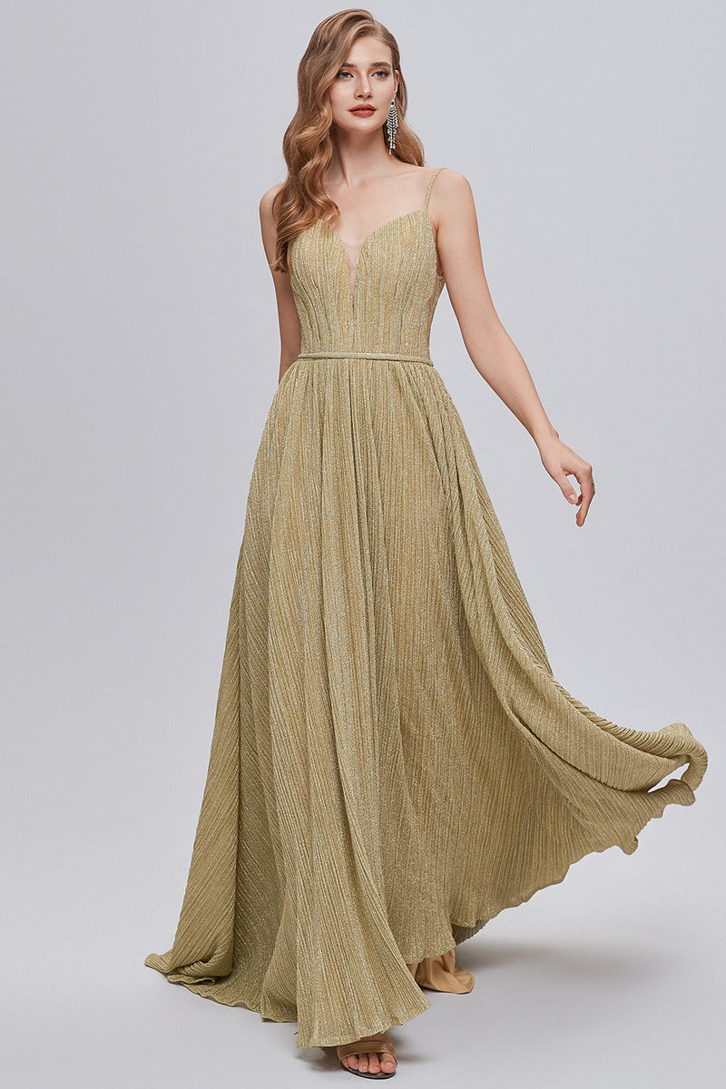 Load image into Gallery viewer, A-Line Spaghetti Straps Golden Ruched Long Prom Dress