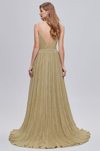 A-Line Spaghetti Straps Golden Ruched Long Prom Dress