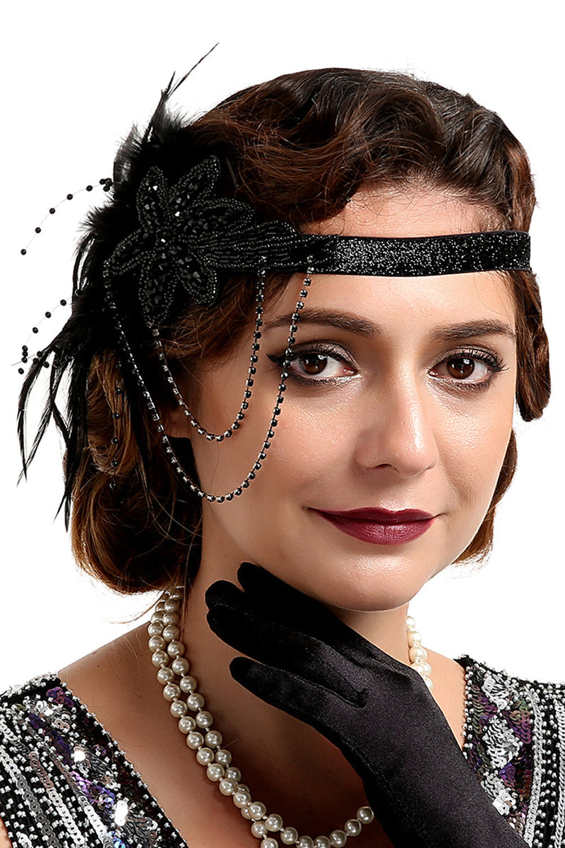 Load image into Gallery viewer, 1920s Black and Gold Feather Beaded Headband