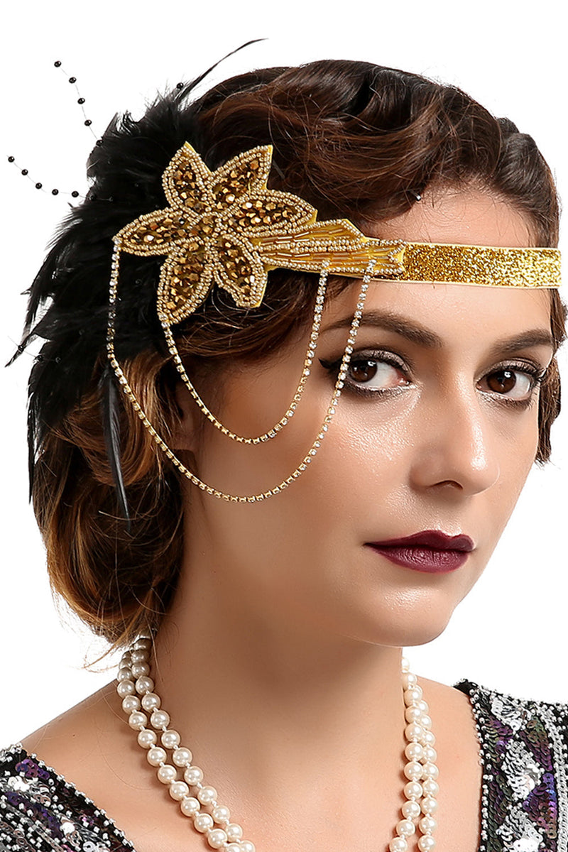 Load image into Gallery viewer, 1920s Black and Gold Feather Beaded Headband