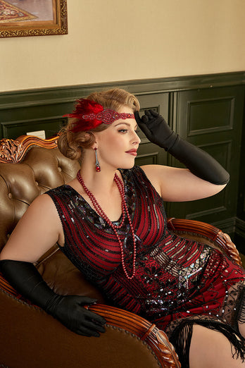 Red Sequin Plus Size 1920s Dress with Fringes