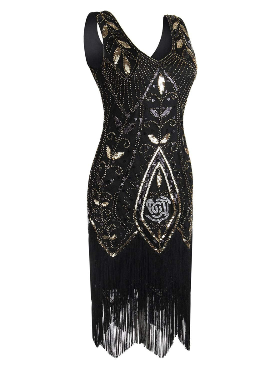 Load image into Gallery viewer, Black Sequins Glitter Fringe 1920s Dress