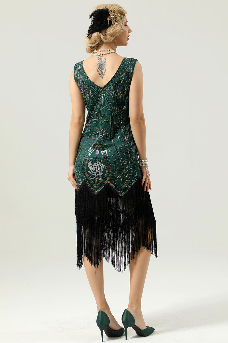 Load image into Gallery viewer, Black Sequins Glitter Fringe 1920s Dress