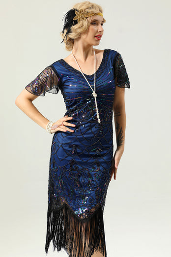 Royal Blue Sequin Fringe Flapper 1920s Dress