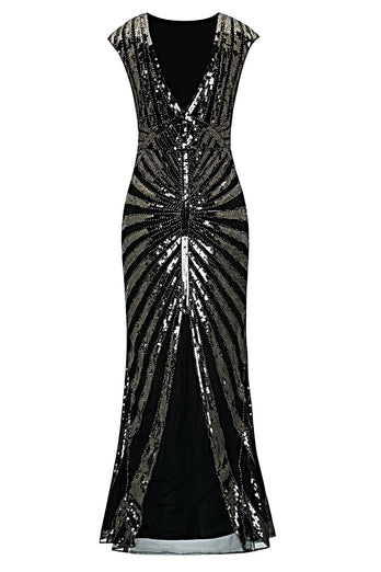 Black and Gold Mermaid 1920s Sequined Flapper Dress