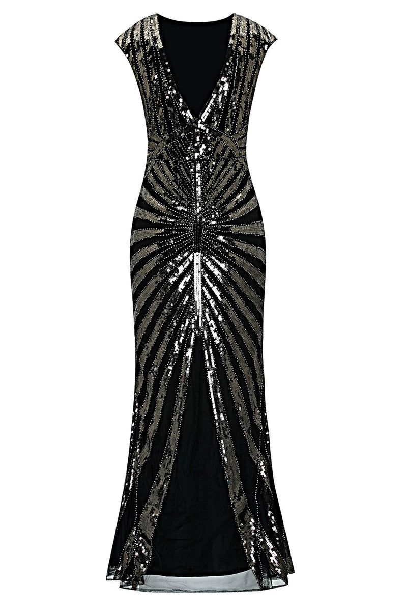 Load image into Gallery viewer, Black and Gold Mermaid 1920s Sequined Flapper Dress