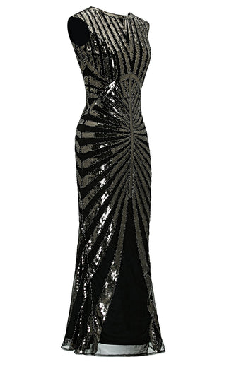 Black and Gold Mermaid 1920s Sequined Flapper Dress