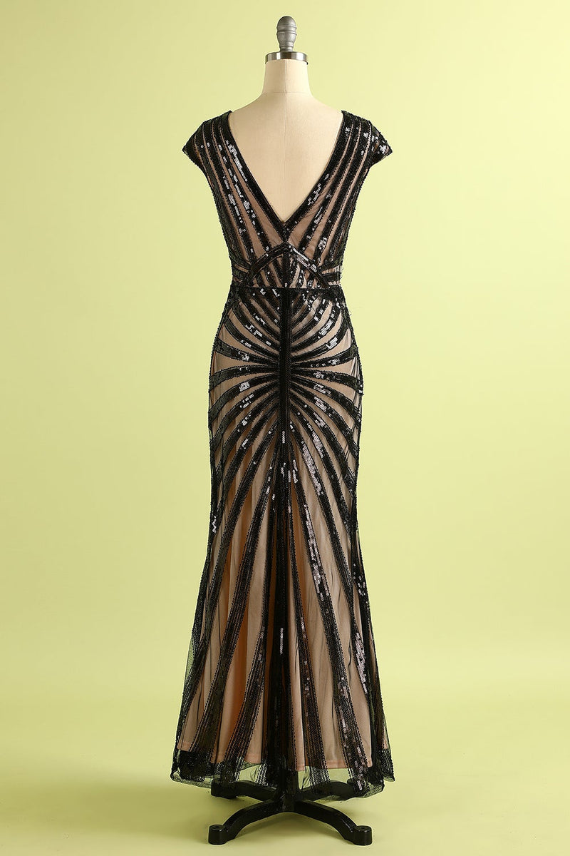 Load image into Gallery viewer, Black and Gold Mermaid 1920s Sequined Flapper Dress