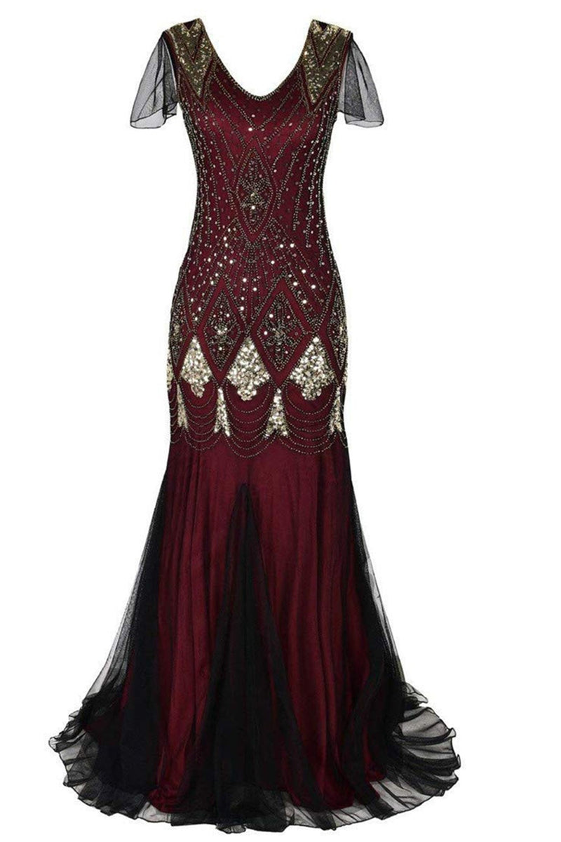 Load image into Gallery viewer, Burgundy Long Sequin 1920s Dress