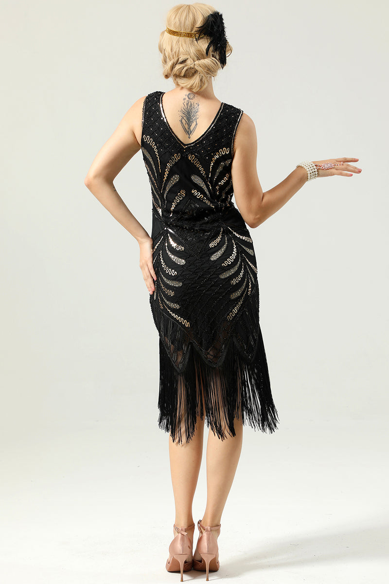 Load image into Gallery viewer, Black and Gold V Neck Sequin 1920s Flapper Dress