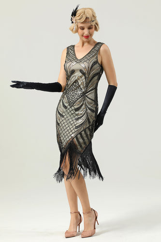 Black and Gold V Neck Sequin 1920s Flapper Dress