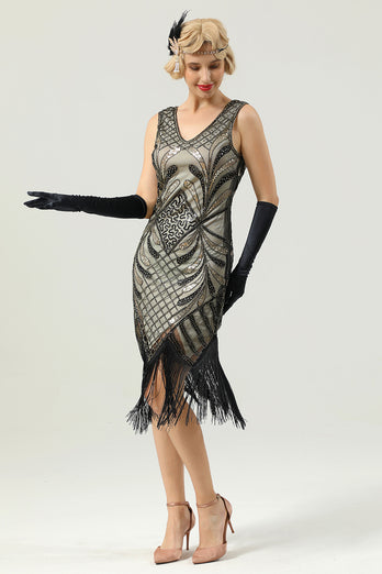 Black V Neck Sequin 1920s Flapper Dress