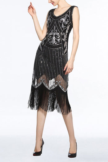 Black 1920s Fringe Sequin Flapper Dress