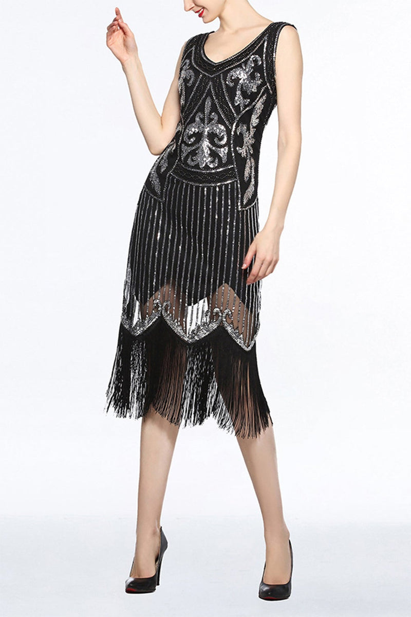 Load image into Gallery viewer, Gold 1920s Fringe Sequin Flapper Dress