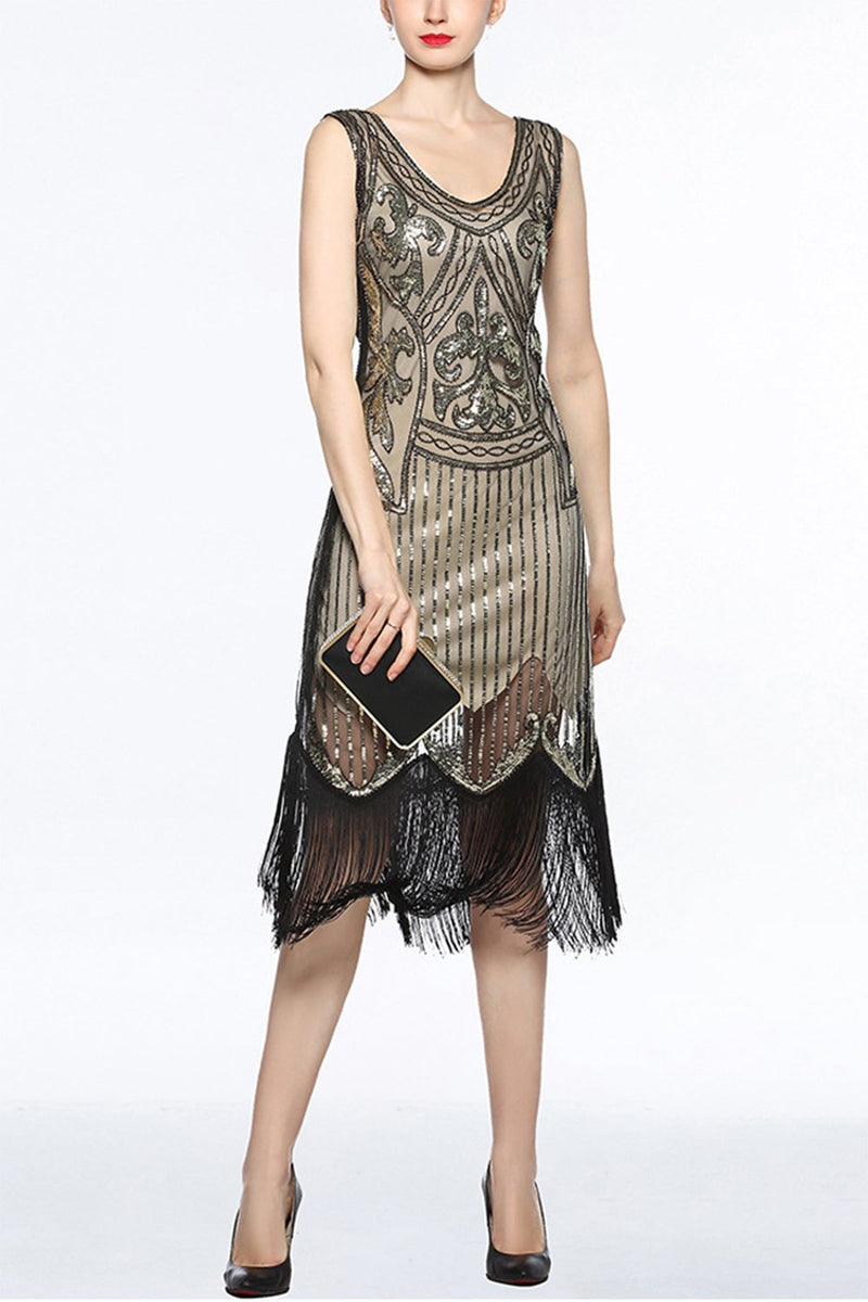 Load image into Gallery viewer, Gold 1920s Fringe Sequin Flapper Dress