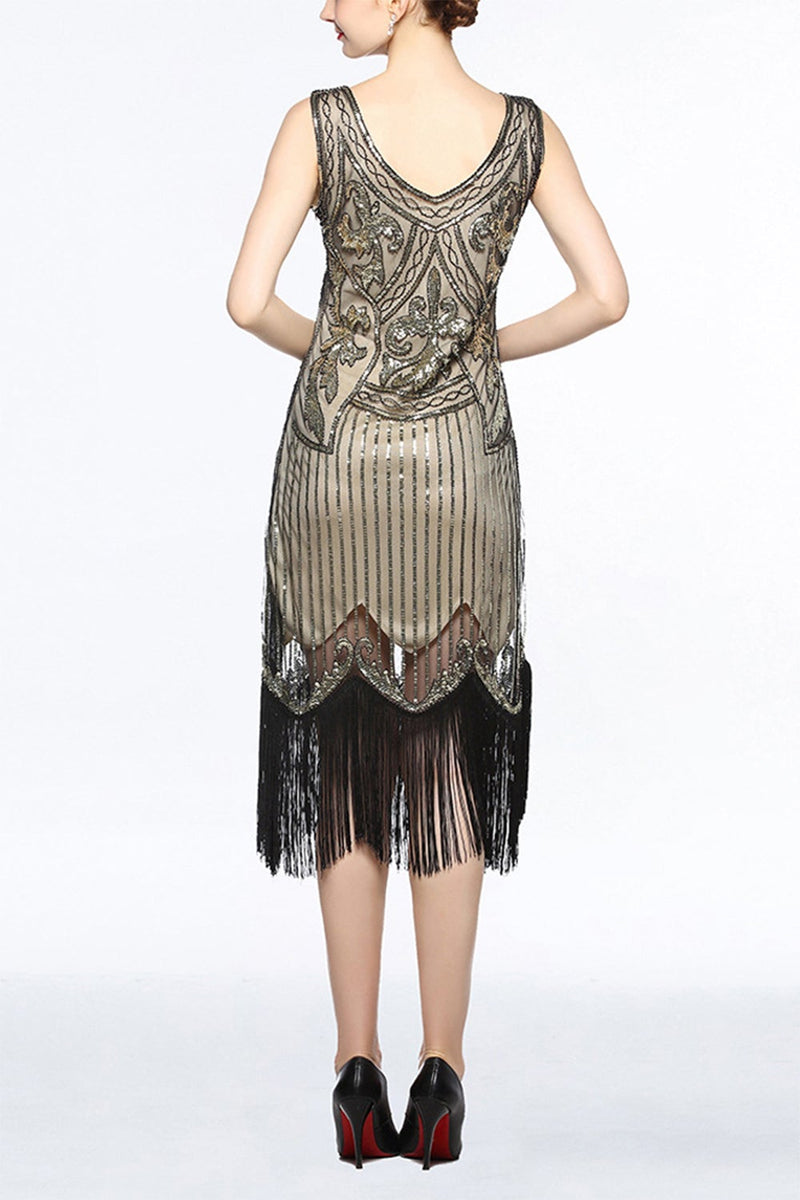 Load image into Gallery viewer, Gold 1920s Fringe Sequin Flapper Dress