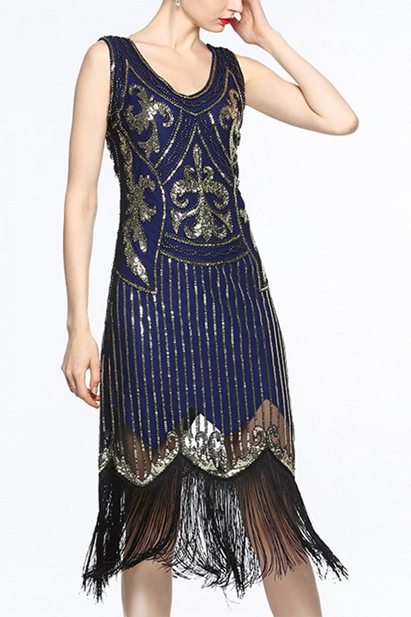 Load image into Gallery viewer, Gold 1920s Fringe Sequin Flapper Dress