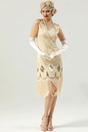 Apricot Sequin Fringe Bodycon 1920s Dress