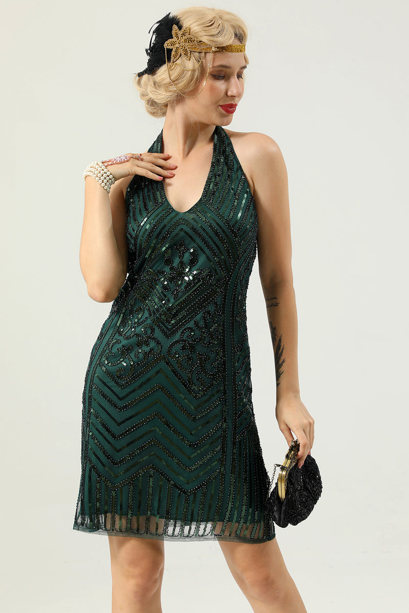 Load image into Gallery viewer, Halter Green Sequins 1920s Dress