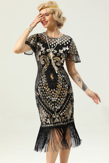 1920 Black&Red Sequins Dress with Batwing Sleeves