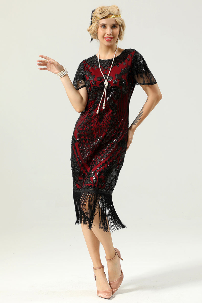 Load image into Gallery viewer, 1920 Black&amp;Red Sequins Dress with Batwing Sleeves