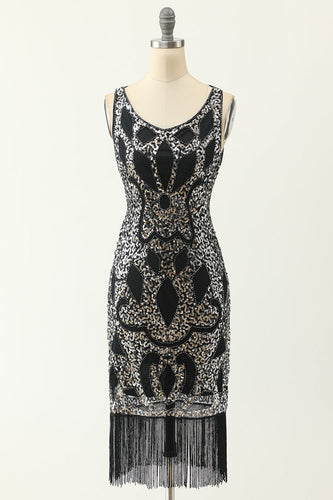 Scoop Neck Black Silver 1920s Dress