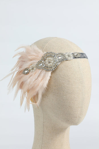 Blush 1920s Beaded Sequin Headband with Feather